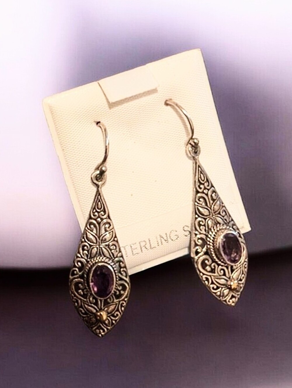 Bali Sterling Silver Teardrop Earrings with Amethyst Gemstones And 18k Accents